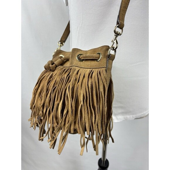 Rebecca Minkoff Fiona Mini Bucket Bag Tan Brown Suede Fringe Crossbody - Picture 4 of 16